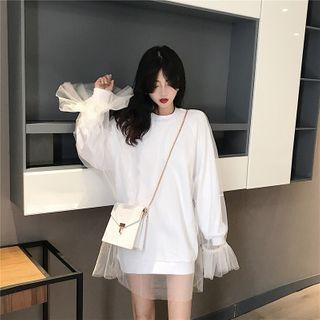Flared-cuff Mesh Overlay Pullover White - One Size