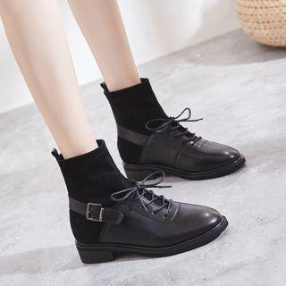 Faux Leather Buckled Knit Panel Short Boots