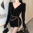 Set: Long-sleeve Button-up Knit Mini Sheath Dress + Waist Chain With Chain - Black - One Size