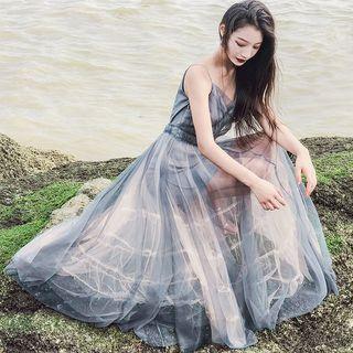 Spaghetti Strap Maxi A-line Mesh Dress