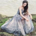 Spaghetti Strap Maxi A-line Mesh Dress