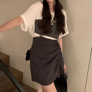 Elbow-sleeve Mock Two-piece T-shirt / Drawstring Mini Skirt