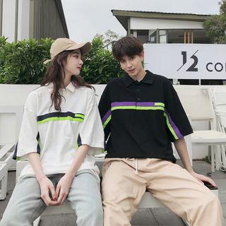 Couple Matching Elbow-sleeve Paneled Polo Shirt