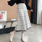 Plaid Fringed Knit A-line Midi Skirt