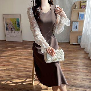 Lace-sleeve Long Flare Dress