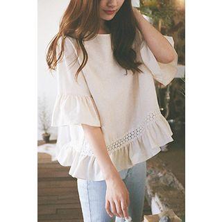 Elbow-sleeve Ruffle-trim Top