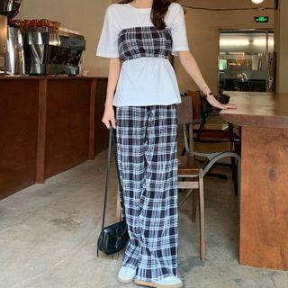 Plaid Cropped Tube Top / Wide-leg Pants / Short-sleeve T-shirt