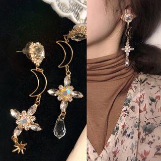 Rhinestone Cross & Moon Dangle Earring 1017a - Gold - One Size