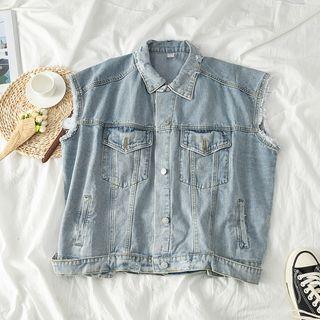 Fray Trim Sleeveless Button Denim Jacket