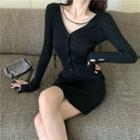Long-sleeve V-neck Buttoned Knitted Dress