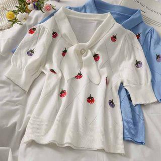 Strawberry-embroidered Tie-neckline Knit Top