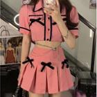 Elbow-sleeve Collared Crop Top / Pleated Mini A-line Skirt