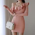 Long-sleeve Ruffle Trim Cut-out Mini Sheath Dress