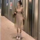 Mesh-overlay Mock-neck Knit Dress