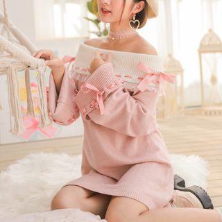 Off-shoulder Color Block Long-sleeve Knit Dress