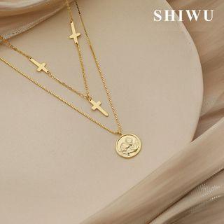 925 Sterling Silver Disc & Cross Layered Necklace Gold - One Size
