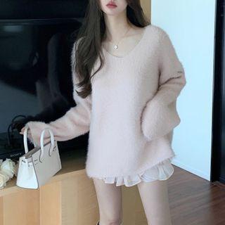 V-neck Furry-knit Oversize Sweater / High Waist Pleated Skirt