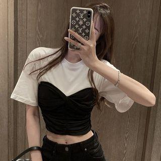 Mock Two-piece Short-sleeve Crop Top Black & White - One Size
