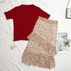 Set: Plain T-shirt + Ruffled-trim Chiffon Skirt