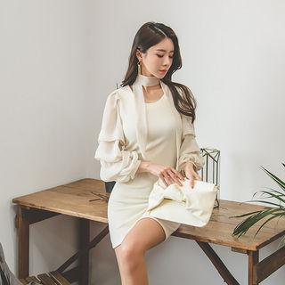 Pleated Sheer-sleeve Sheath Dress