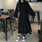 Plain Long-sleeve Midi A-line Dress Black - One Size