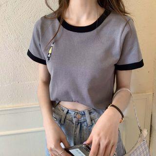Embroidered Contrast Trim Knit Crop Top