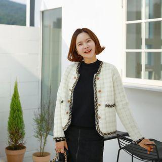Piped Open-front Gingham Tweed Jacket