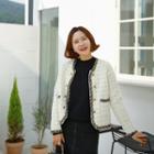 Piped Open-front Gingham Tweed Jacket