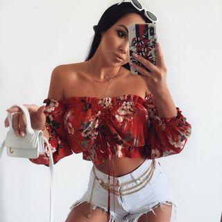 Puff Sleeve Off-shoulder Floral Print Drawstring Crop Top