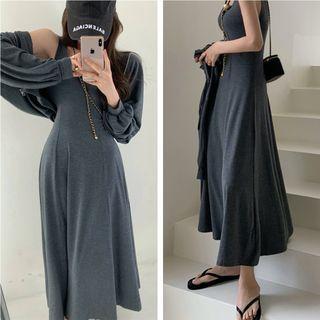Plain Loose-fit Hooded Jacket / Sleeveless Plain Dress