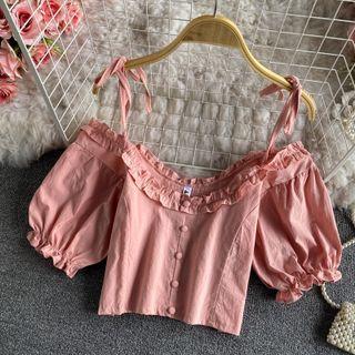 Cold Shoulder Ruffle Square Neck Puff Short Sleeve Crop Top