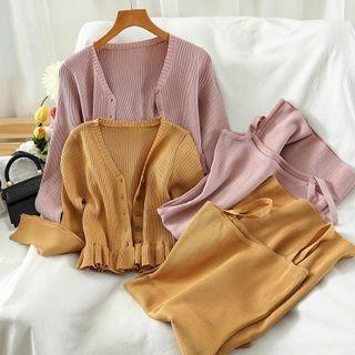 Set: Ruffle Hem Cardigan + Spaghetti Strap Mini Sheath Dress