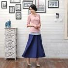 3/4-sleeve Printed Top / Plain Maxi Skirt