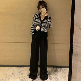 Set: Long-sleeve Printed Knit Cardigan + High-waist Wide-leg Pants