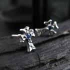 Engraved Sterling Silver Cross Ear Stud - Blue Sapphire (single) Silver & Blue Sapphire - One Size