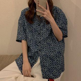 Elbow-sleeve Print Shirt Blue - One Size