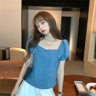 Puff-sleeve Square Neck Denim Top Blue - One Size