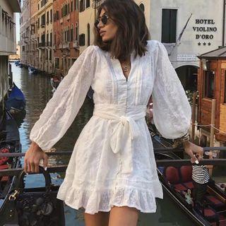 Puff-sleeve Embroidered A-line Mini Dress