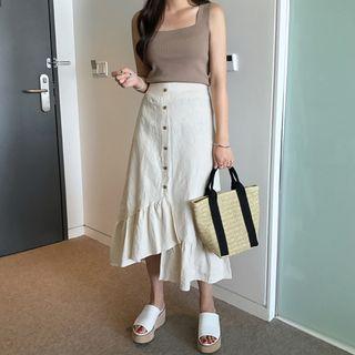 Buttoned Ruffle-hem Midi Skirt