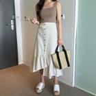 Buttoned Ruffle-hem Midi Skirt