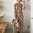Set: Long-sleeve Floral Midi Dress + Camisole Set Of 2 - Almond - One Size
