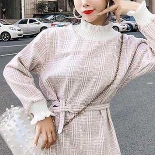 Plaid Mock-neck Long-sleeve Ruffled-trim Dress