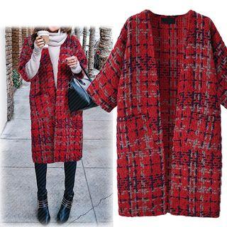 Check 3/4-sleeve Long Cardigan
