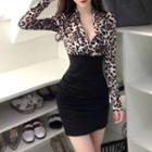Leopard Panel Long-sleeve Mini Sheath Dress