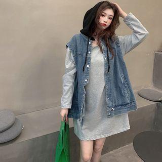 Loose-fit Plain T-shirt Dress / Hooded Denim Vest