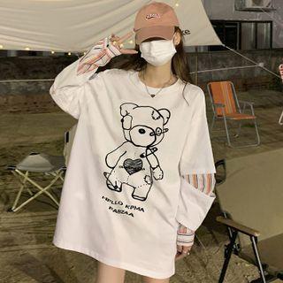 Mock Two-piece Striped Panel Long-sleeve Bear Print T-shirt
