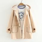 Horn-accent Hooded Embroidered Coat Khaki - One Size