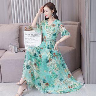 Elbow-sleeve Printed Ruffle-trim Maxi A-line Dress