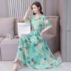Elbow-sleeve Printed Ruffle-trim Maxi A-line Dress