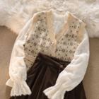 Long-sleeve Lace Top / Jacquard Sweater Vest / A-line Skirt